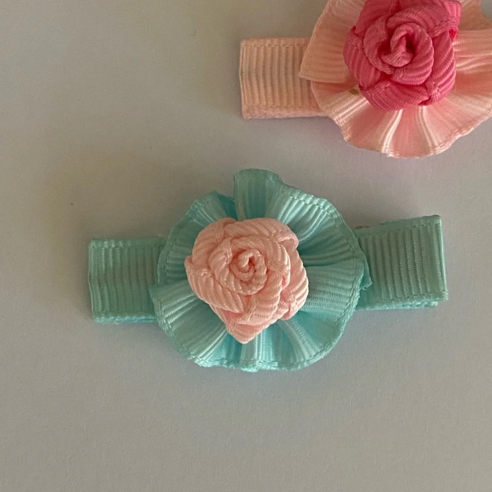 Girls Floral Hair Clips Pink and Blue Handmade